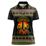 African Safari Black Santa Christmas Women Polo Shirt Ugly Pattern Sunset Baobab Tree Africa Map