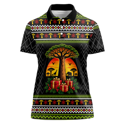 African Safari Black Santa Christmas Women Polo Shirt Ugly Pattern Sunset Baobab Tree Africa Map