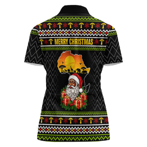 African Safari Black Santa Christmas Women Polo Shirt Ugly Pattern Sunset Baobab Tree Africa Map