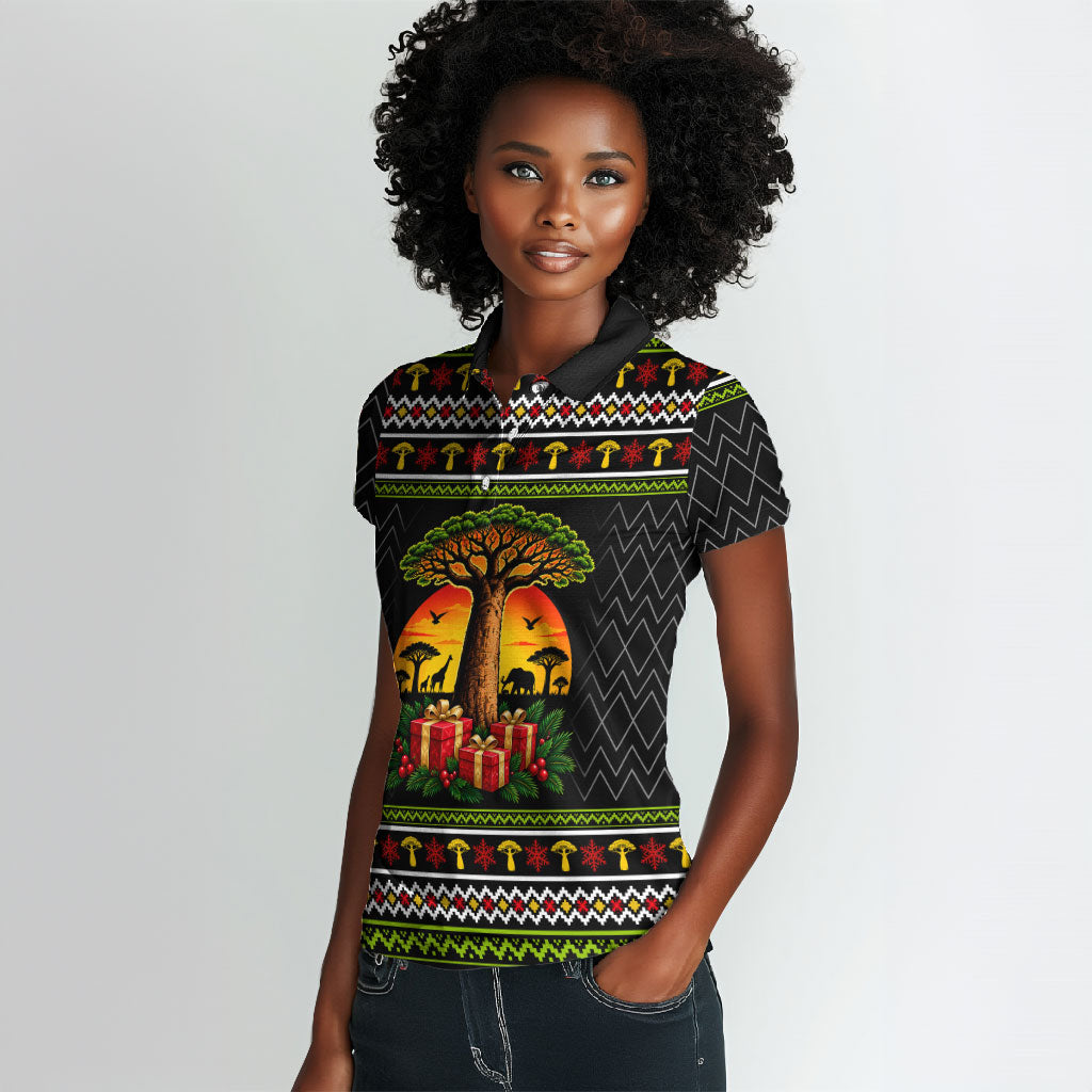 African Safari Black Santa Christmas Women Polo Shirt Ugly Pattern Sunset Baobab Tree Africa Map