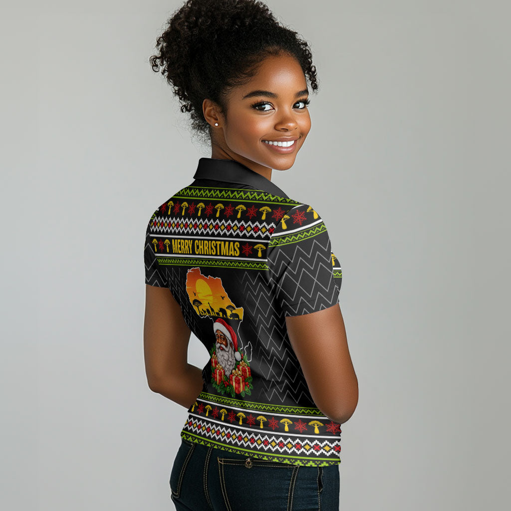 African Safari Black Santa Christmas Women Polo Shirt Ugly Pattern Sunset Baobab Tree Africa Map