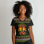 African Safari Black Santa Christmas Women V-Neck T-Shirt Ugly Pattern Sunset Baobab Tree Africa Map