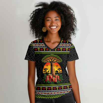 African Safari Black Santa Christmas Women V-Neck T-Shirt Ugly Pattern Sunset Baobab Tree Africa Map