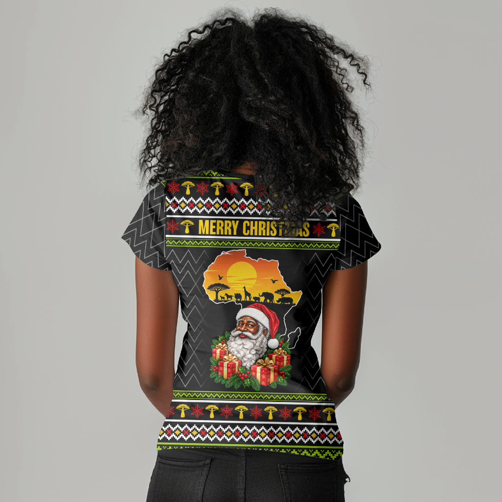 African Safari Black Santa Christmas Women V-Neck T-Shirt Ugly Pattern Sunset Baobab Tree Africa Map