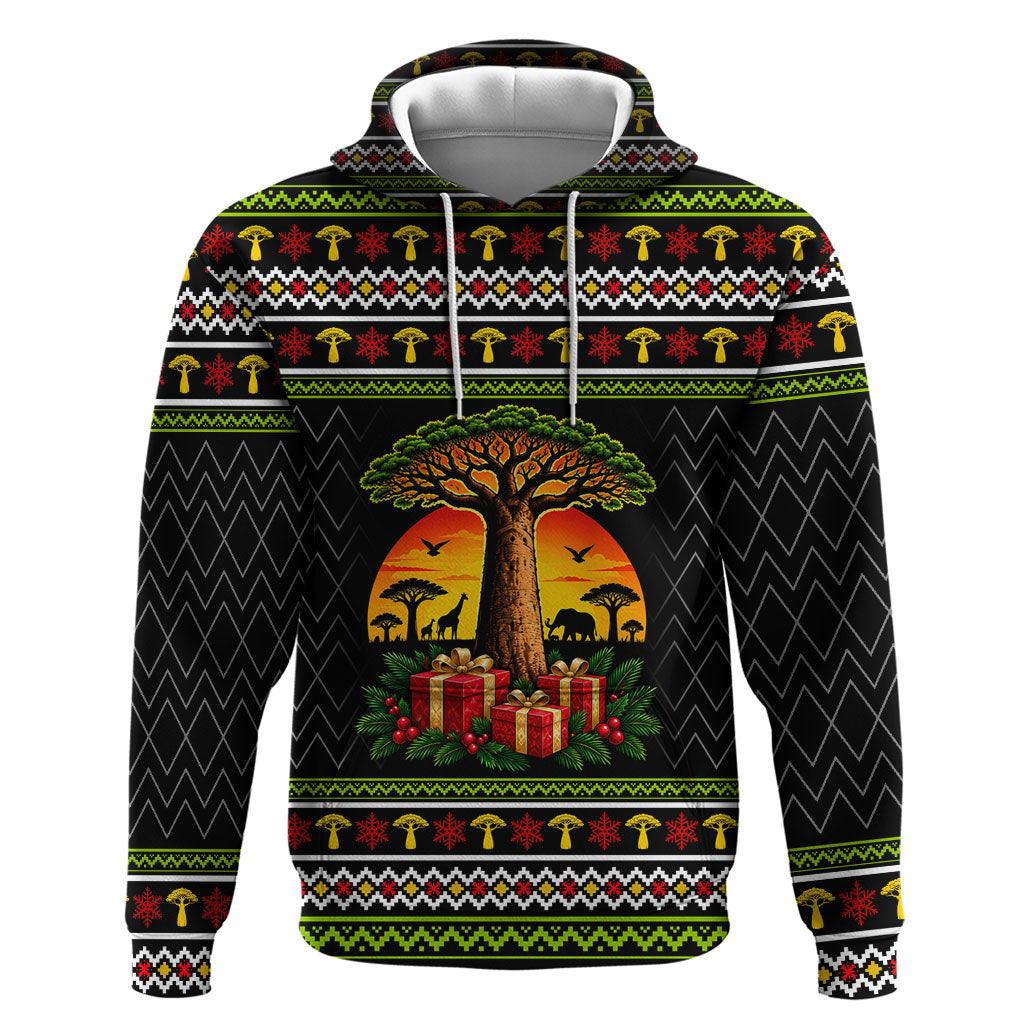African Safari Black Santa Christmas Zip Hoodie Ugly Pattern Sunset Baobab Tree Africa Map