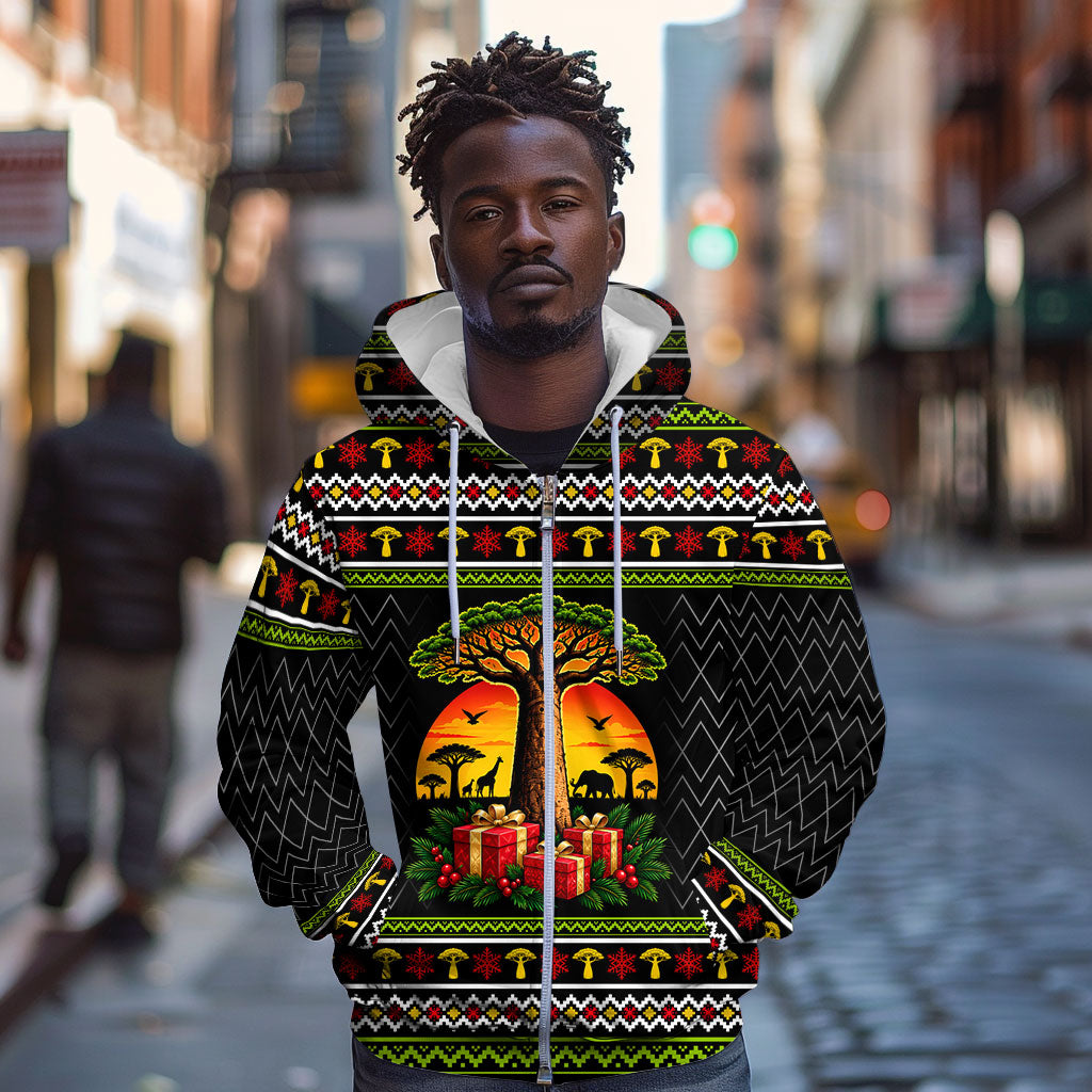 African Safari Black Santa Christmas Zip Hoodie Ugly Pattern Sunset Baobab Tree Africa Map