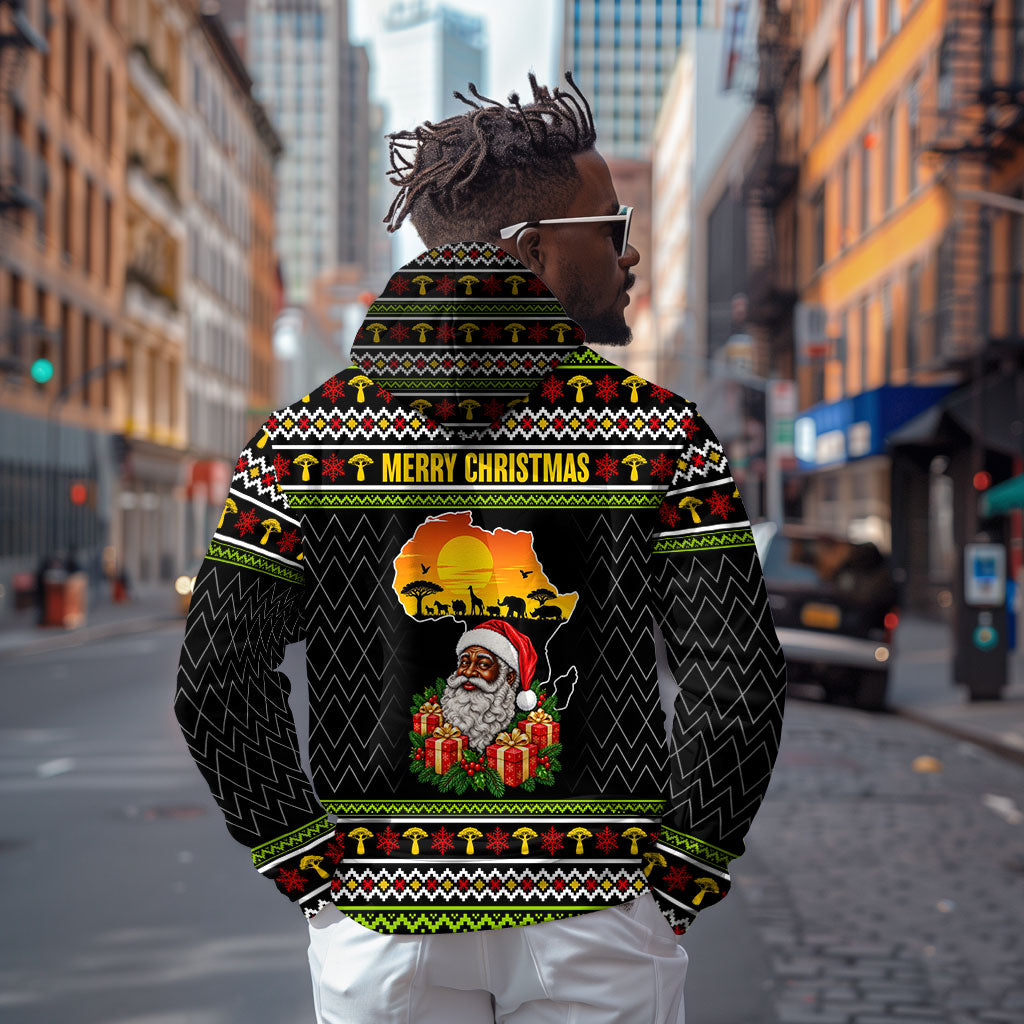 African Safari Black Santa Christmas Zip Hoodie Ugly Pattern Sunset Baobab Tree Africa Map