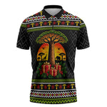 African Safari Black Santa Christmas Zipper Polo Shirt Ugly Pattern Sunset Baobab Tree Africa Map