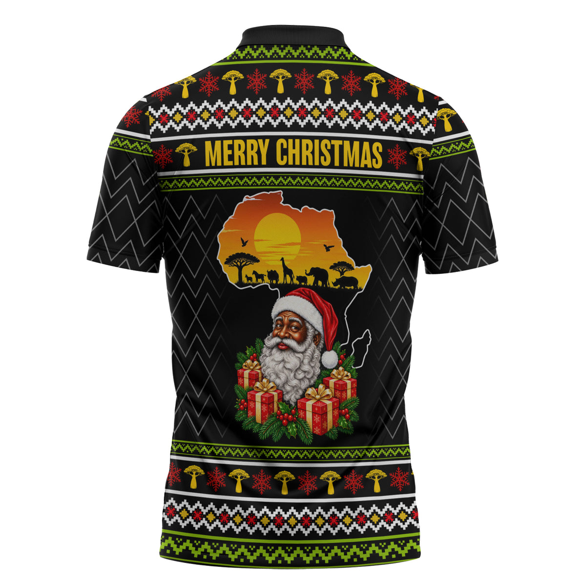 African Safari Black Santa Christmas Zipper Polo Shirt Ugly Pattern Sunset Baobab Tree Africa Map
