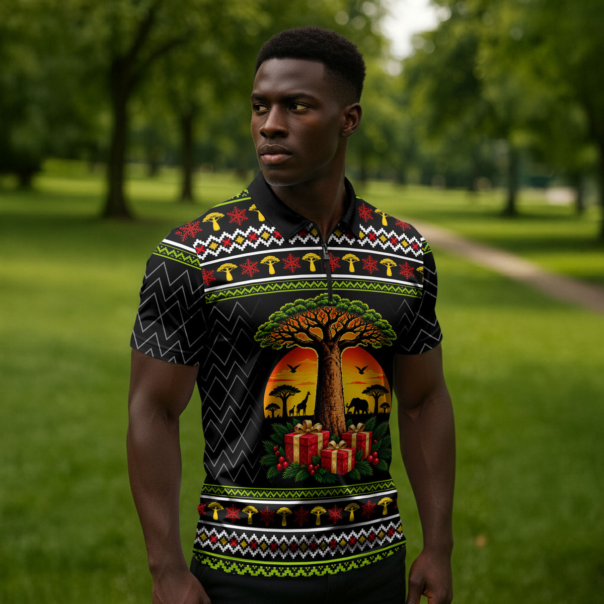 African Safari Black Santa Christmas Zipper Polo Shirt Ugly Pattern Sunset Baobab Tree Africa Map