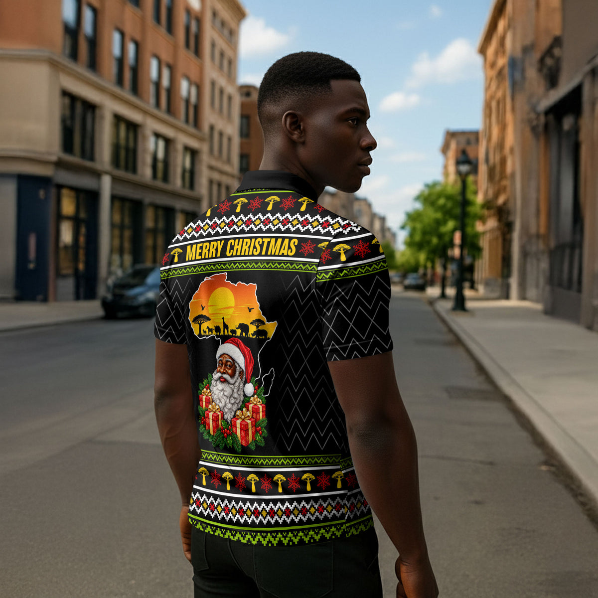 African Safari Black Santa Christmas Zipper Polo Shirt Ugly Pattern Sunset Baobab Tree Africa Map