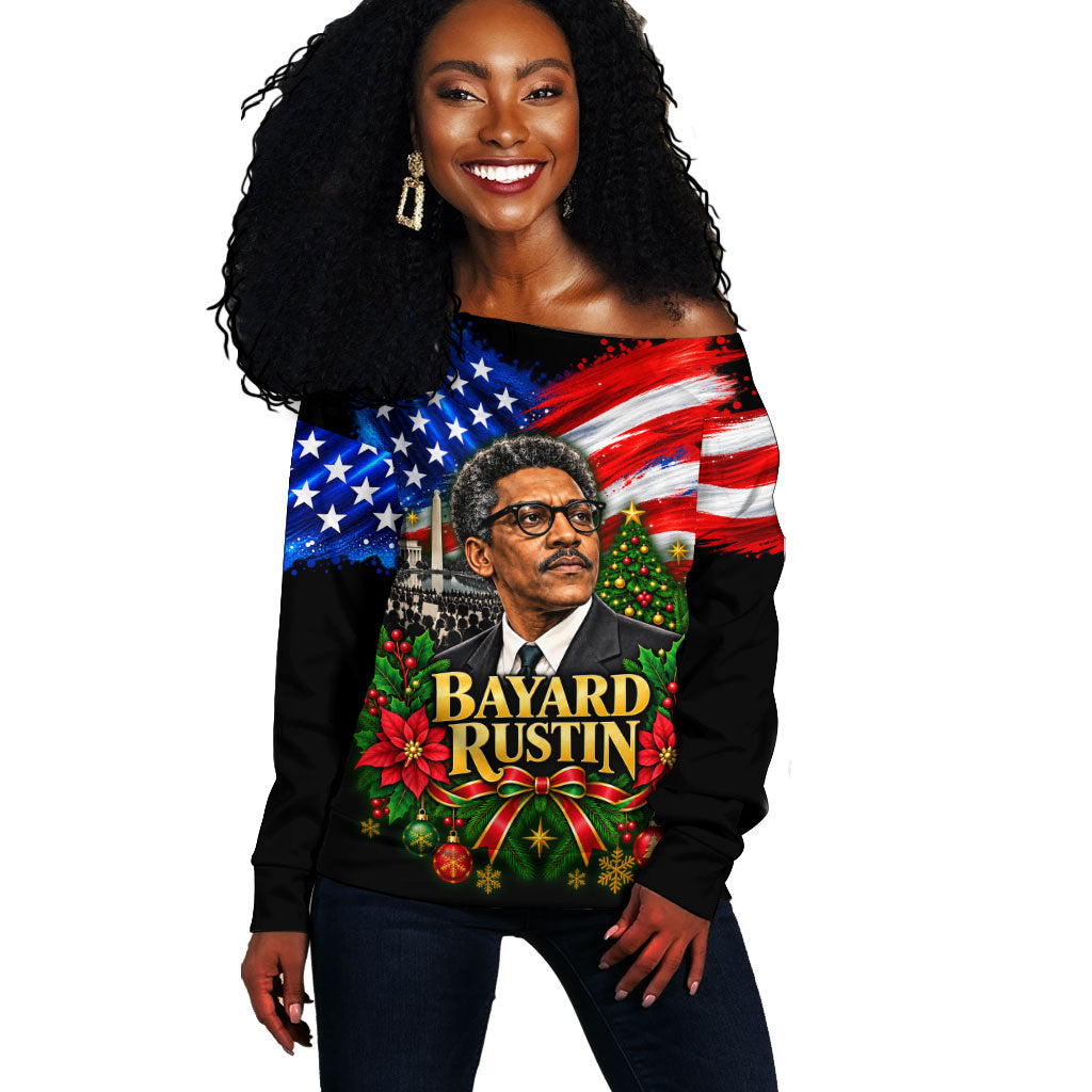 Bayard Rustin American Flag Christmas Off Shoulder Sweater Civil Rights Leader March On Washington Holiday