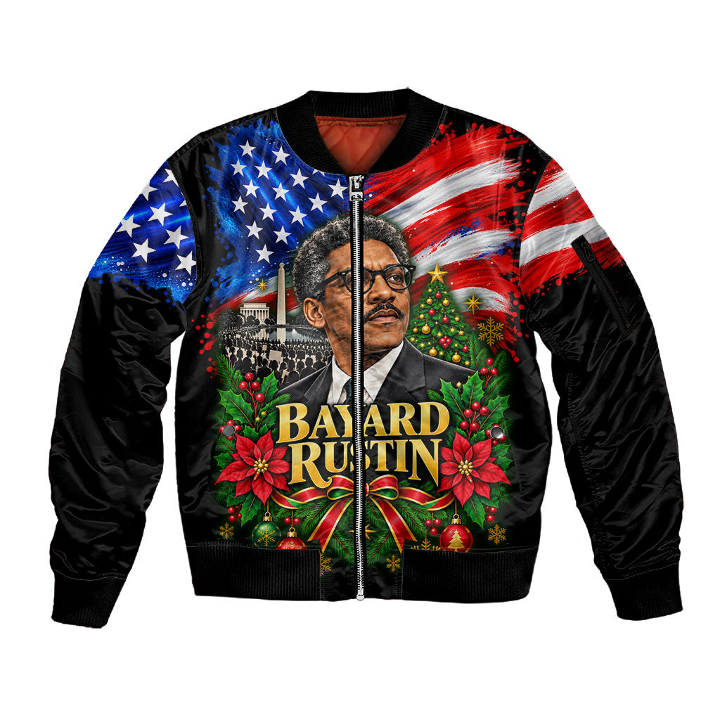 Bayard Rustin American Flag Christmas Sleeve Zip Bomber Jacket Civil Rights Leader March On Washington Holiday