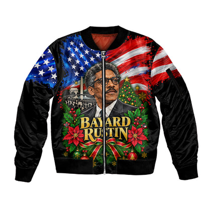 Bayard Rustin American Flag Christmas Sleeve Zip Bomber Jacket Civil Rights Leader March On Washington Holiday