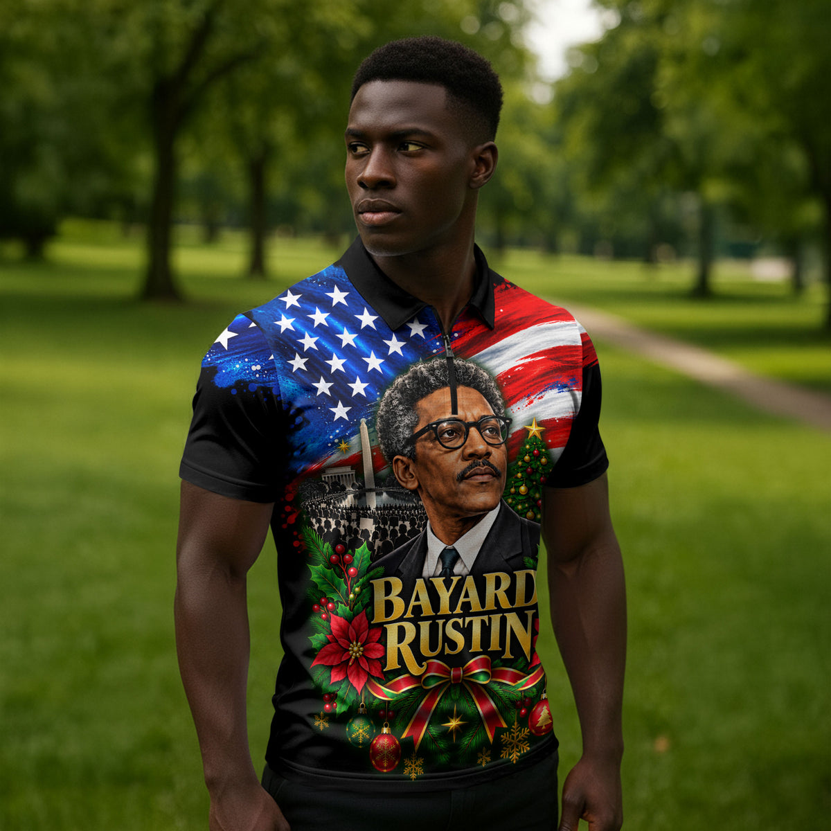 Bayard Rustin American Flag Christmas Zipper Polo Shirt Civil Rights Leader March On Washington Holiday