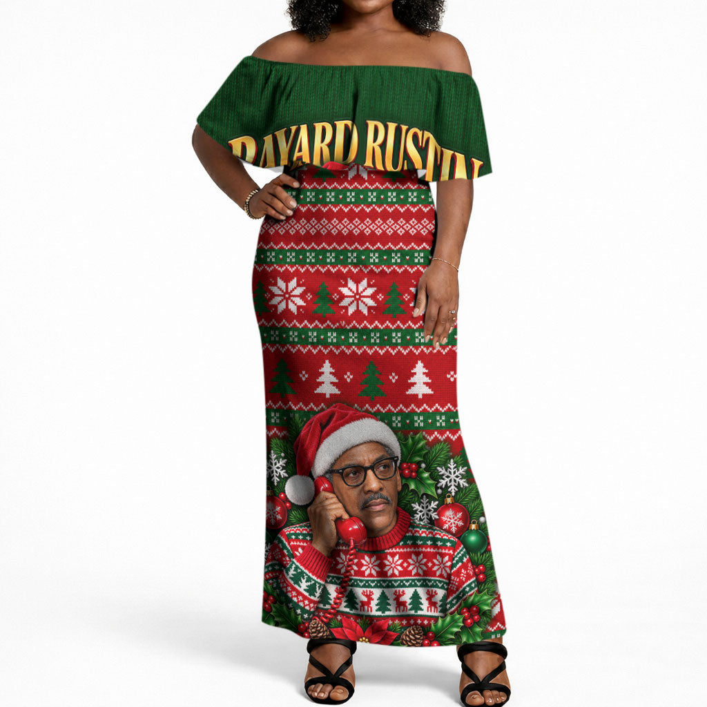 Bayard Rustin Christmas Off Shoulder Maxi Dress Ugly Christmas Pattern Retro Fair Isle