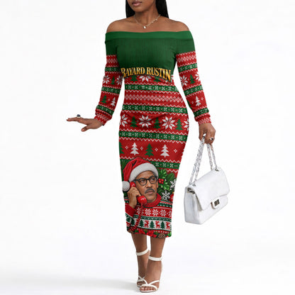 Bayard Rustin Christmas Off The Shoulder Long Sleeve Dress Ugly Christmas Pattern Retro Fair Isle