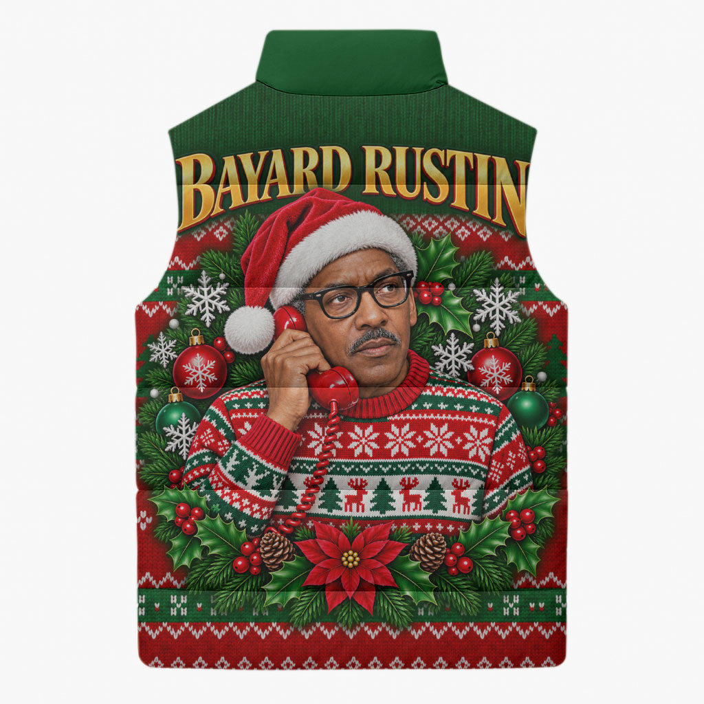 Bayard Rustin Christmas Sleeveless Puffer Jacket Ugly Christmas Pattern Retro Fair Isle