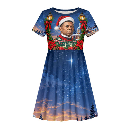 Booker T. Washington Christmas Kid Short Sleeve Dress Ugly Christmas Pattern Starry Winter Night