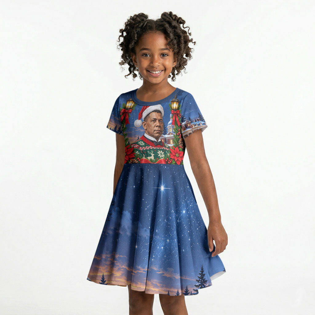 Booker T. Washington Christmas Kid Short Sleeve Dress Ugly Christmas Pattern Starry Winter Night