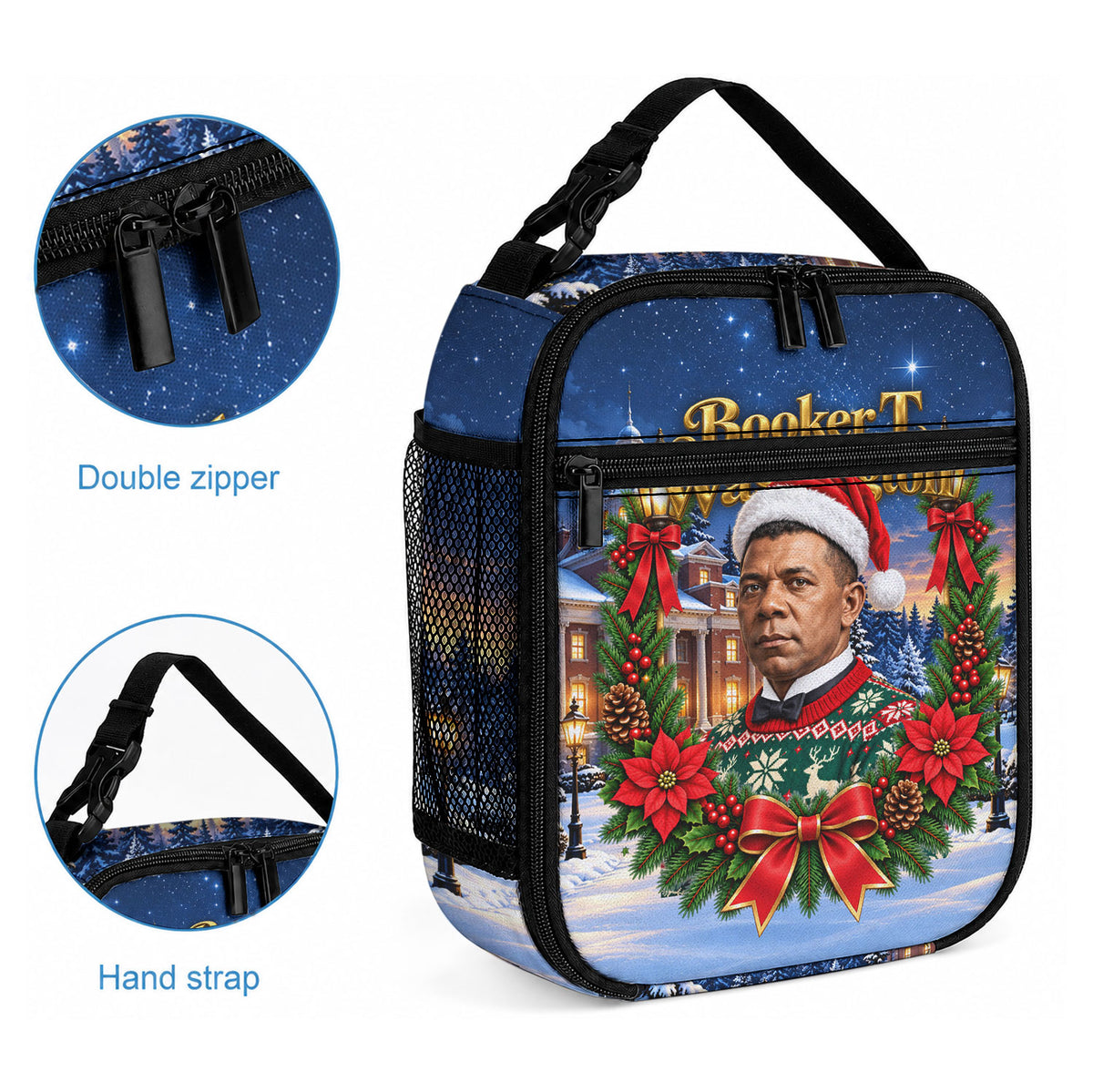 Booker T. Washington Christmas Lunch Bag Ugly Christmas Pattern Starry Winter Night