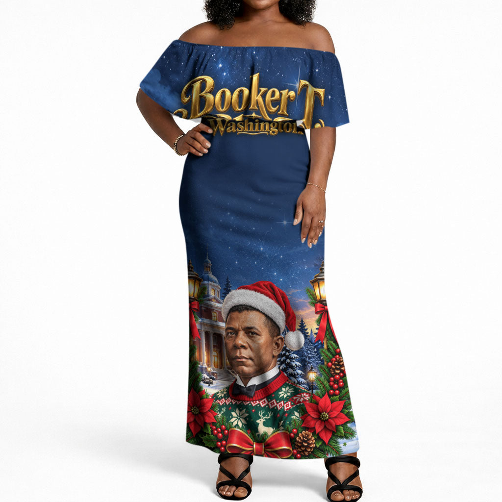 Booker T. Washington Christmas Off Shoulder Maxi Dress Ugly Christmas Pattern Starry Winter Night