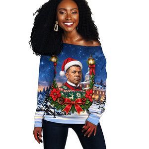 Booker T. Washington Christmas Off Shoulder Sweater Ugly Christmas Pattern Starry Winter Night