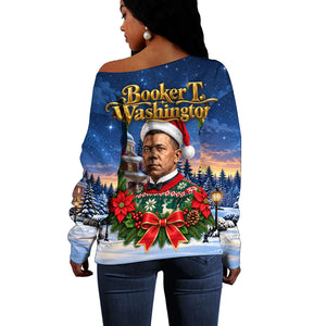 Booker T. Washington Christmas Off Shoulder Sweater Ugly Christmas Pattern Starry Winter Night
