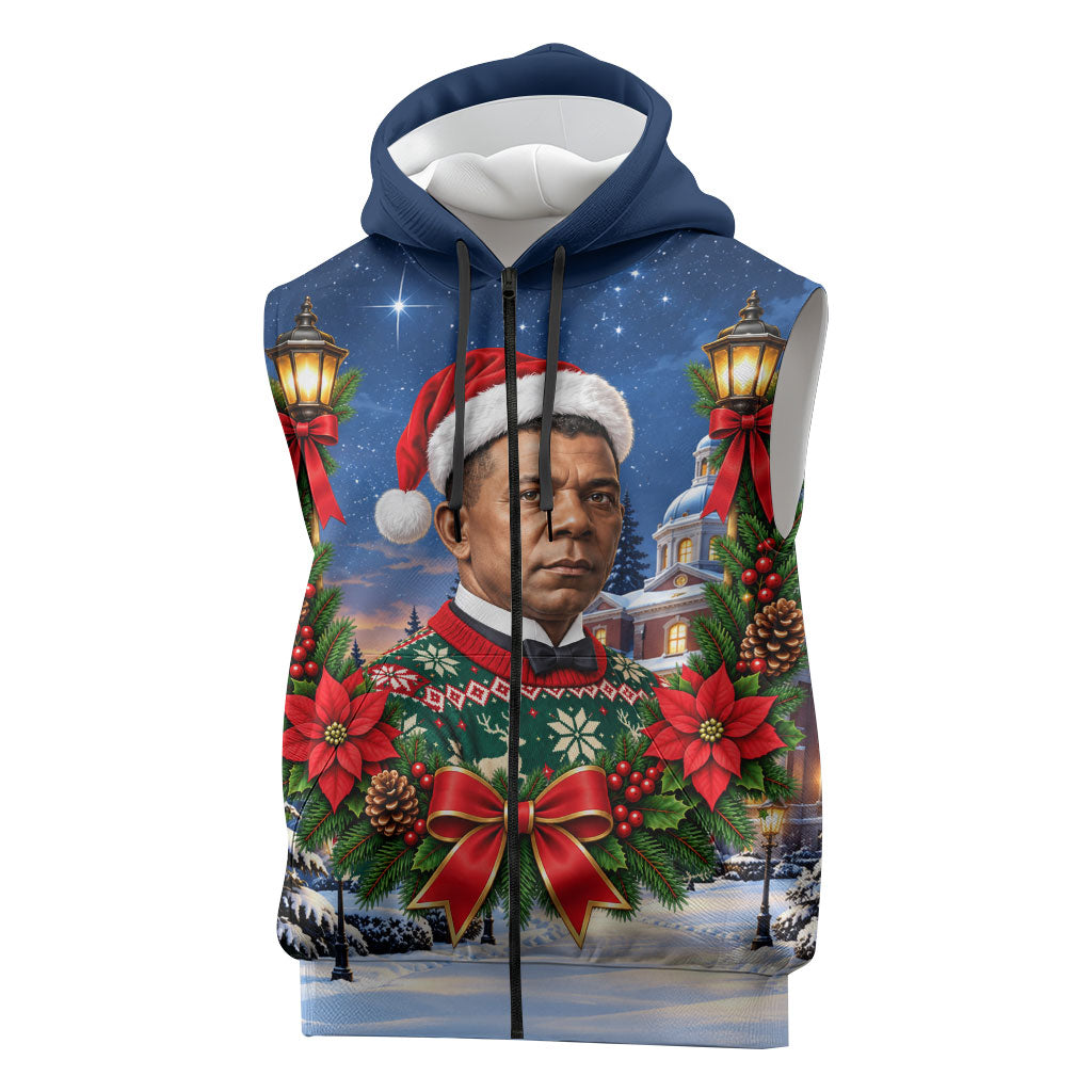 Booker T. Washington Christmas Sleeveless Zip Hoodie Ugly Christmas Pattern Starry Winter Night