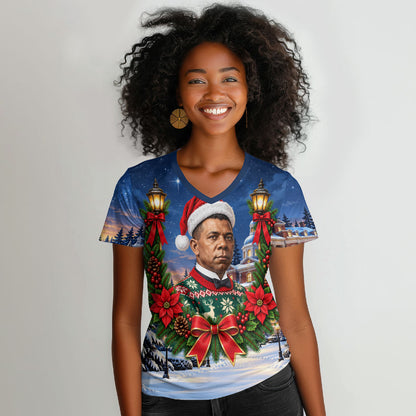 Booker T. Washington Christmas Women V-Neck T-Shirt Ugly Christmas Pattern Starry Winter Night