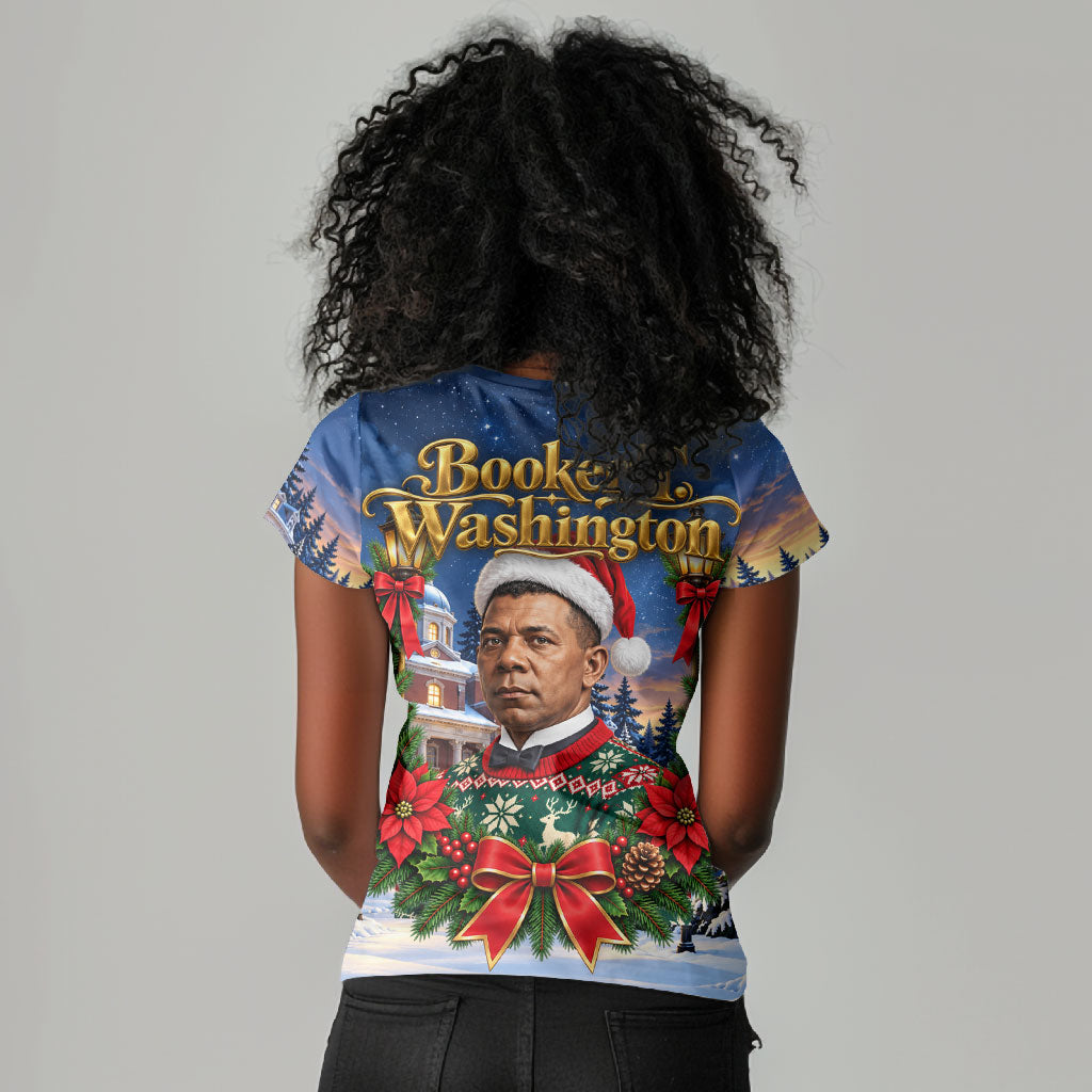Booker T. Washington Christmas Women V-Neck T-Shirt Ugly Christmas Pattern Starry Winter Night