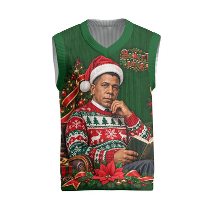Booker T. Washington Christmas Knitted V-Neck Vest Ugly Christmas Pattern Vintage Holiday