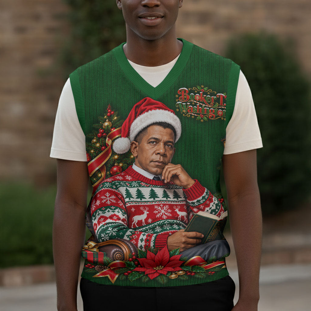 Booker T. Washington Christmas Knitted V-Neck Vest Ugly Christmas Pattern Vintage Holiday