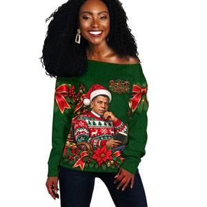 Booker T. Washington Christmas Off Shoulder Sweater Ugly Christmas Pattern Vintage Holiday
