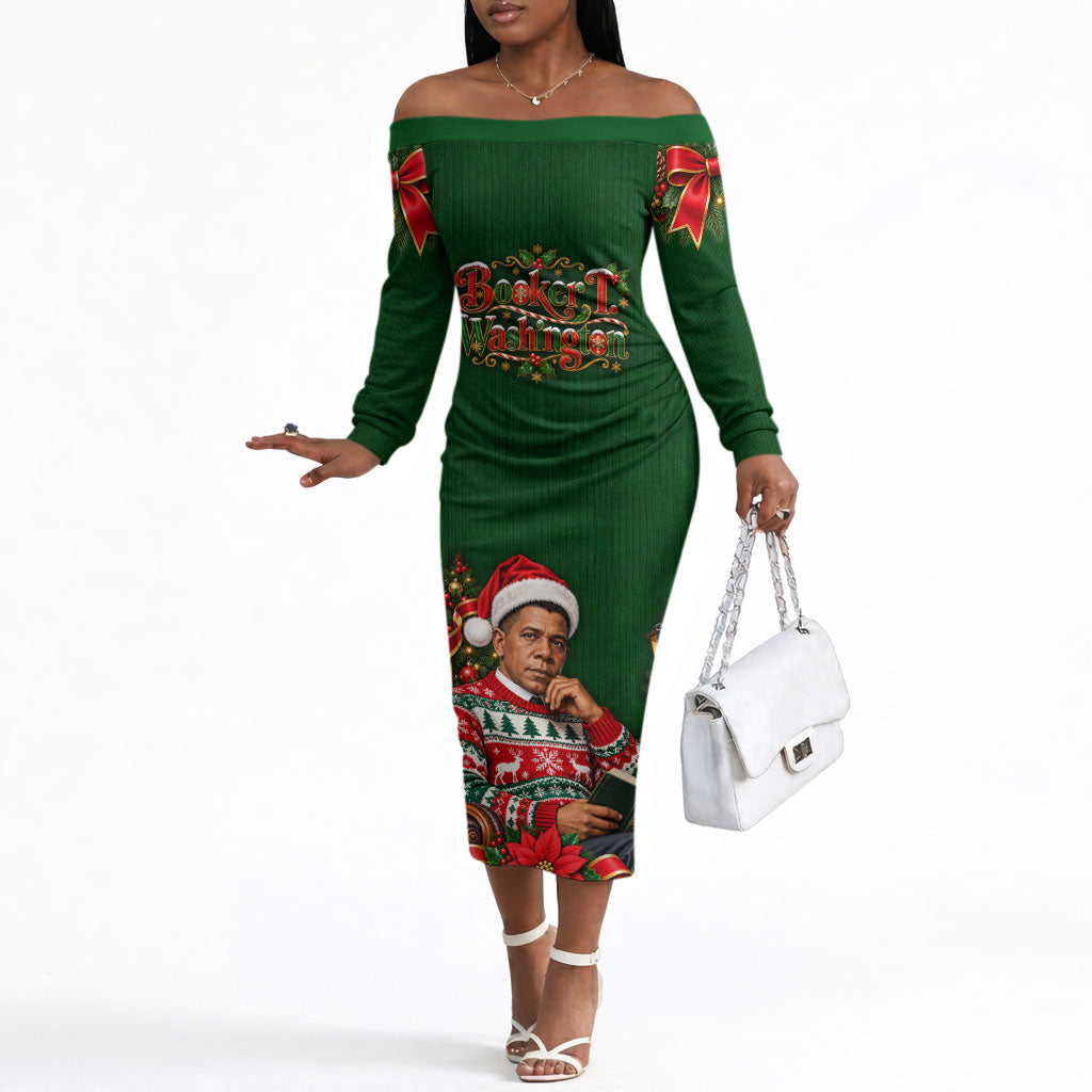 Booker T. Washington Christmas Off The Shoulder Long Sleeve Dress Ugly Christmas Pattern Vintage Holiday