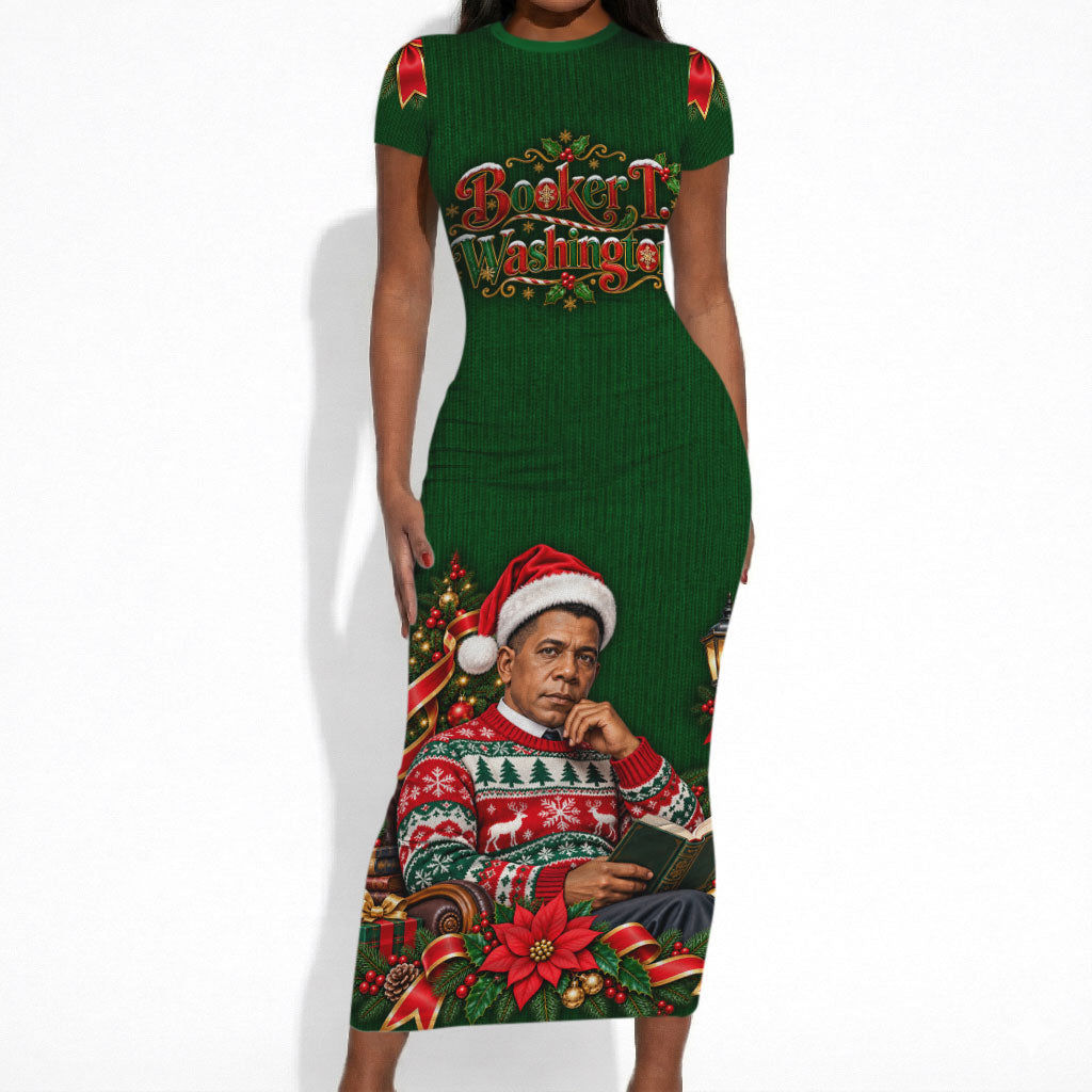 Booker T. Washington Christmas Short Sleeve Bodycon Dress Ugly Christmas Pattern Vintage Holiday