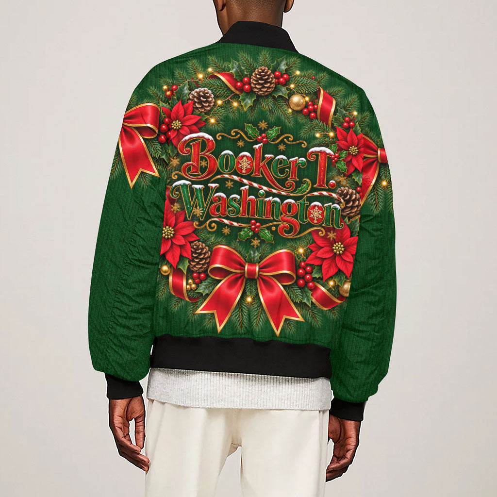 Booker T. Washington Christmas Sleeve Zip Bomber Jacket Ugly Christmas Pattern Vintage Holiday