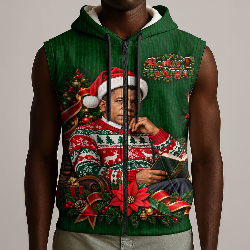 Booker T. Washington Christmas Sleeveless Zip Hoodie Ugly Christmas Pattern Vintage Holiday