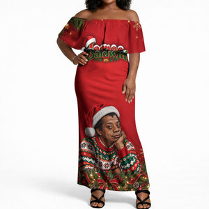 James Baldwin Christmas Off Shoulder Maxi Dress Ugly Christmas Pattern Vintage Holiday