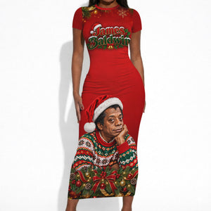 James Baldwin Christmas Short Sleeve Bodycon Dress Ugly Christmas Pattern Vintage Holiday