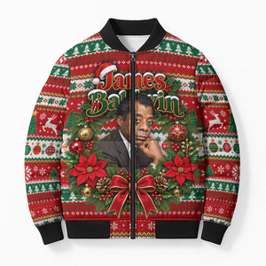 James Baldwin Christmas Bomber Puffer Jacket African American Author Ugly Christmas Pattern Retro