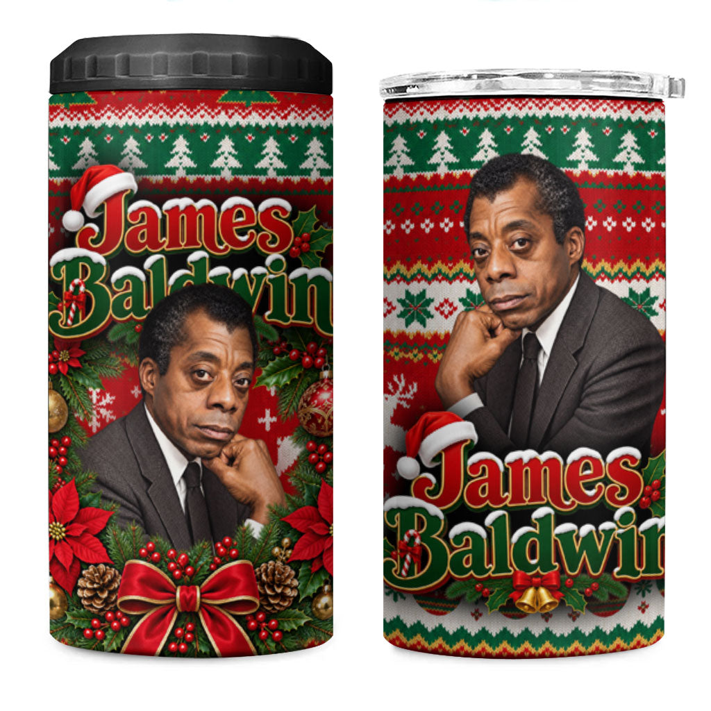 James Baldwin Christmas 4 in 1 Can Cooler Tumbler African American Author Ugly Christmas Pattern Retro