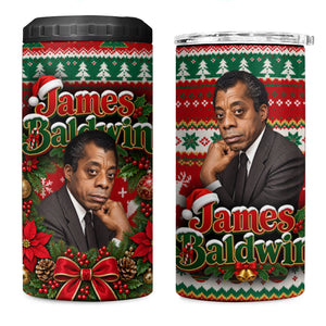 James Baldwin Christmas 4 in 1 Can Cooler Tumbler African American Author Ugly Christmas Pattern Retro