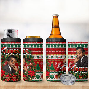 James Baldwin Christmas 4 in 1 Can Cooler Tumbler African American Author Ugly Christmas Pattern Retro