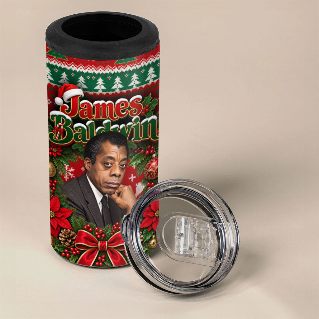 James Baldwin Christmas 4 in 1 Can Cooler Tumbler African American Author Ugly Christmas Pattern Retro
