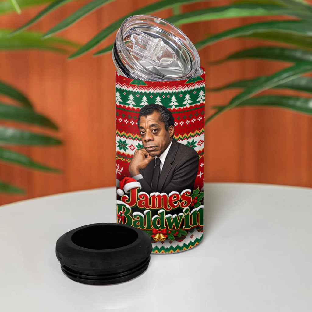 James Baldwin Christmas 4 in 1 Can Cooler Tumbler African American Author Ugly Christmas Pattern Retro