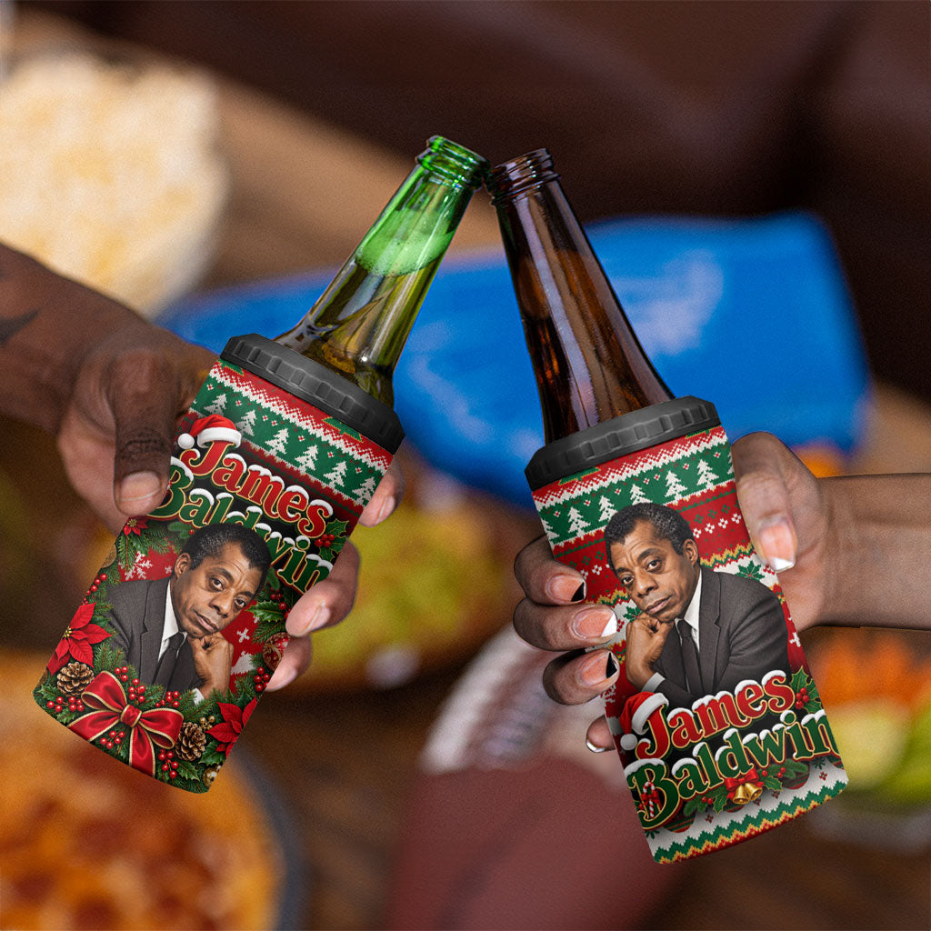 James Baldwin Christmas 4 in 1 Can Cooler Tumbler African American Author Ugly Christmas Pattern Retro