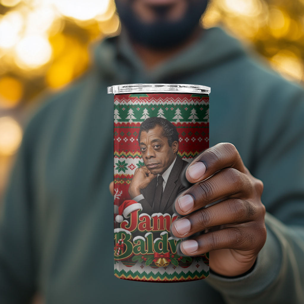 James Baldwin Christmas 4 in 1 Can Cooler Tumbler African American Author Ugly Christmas Pattern Retro