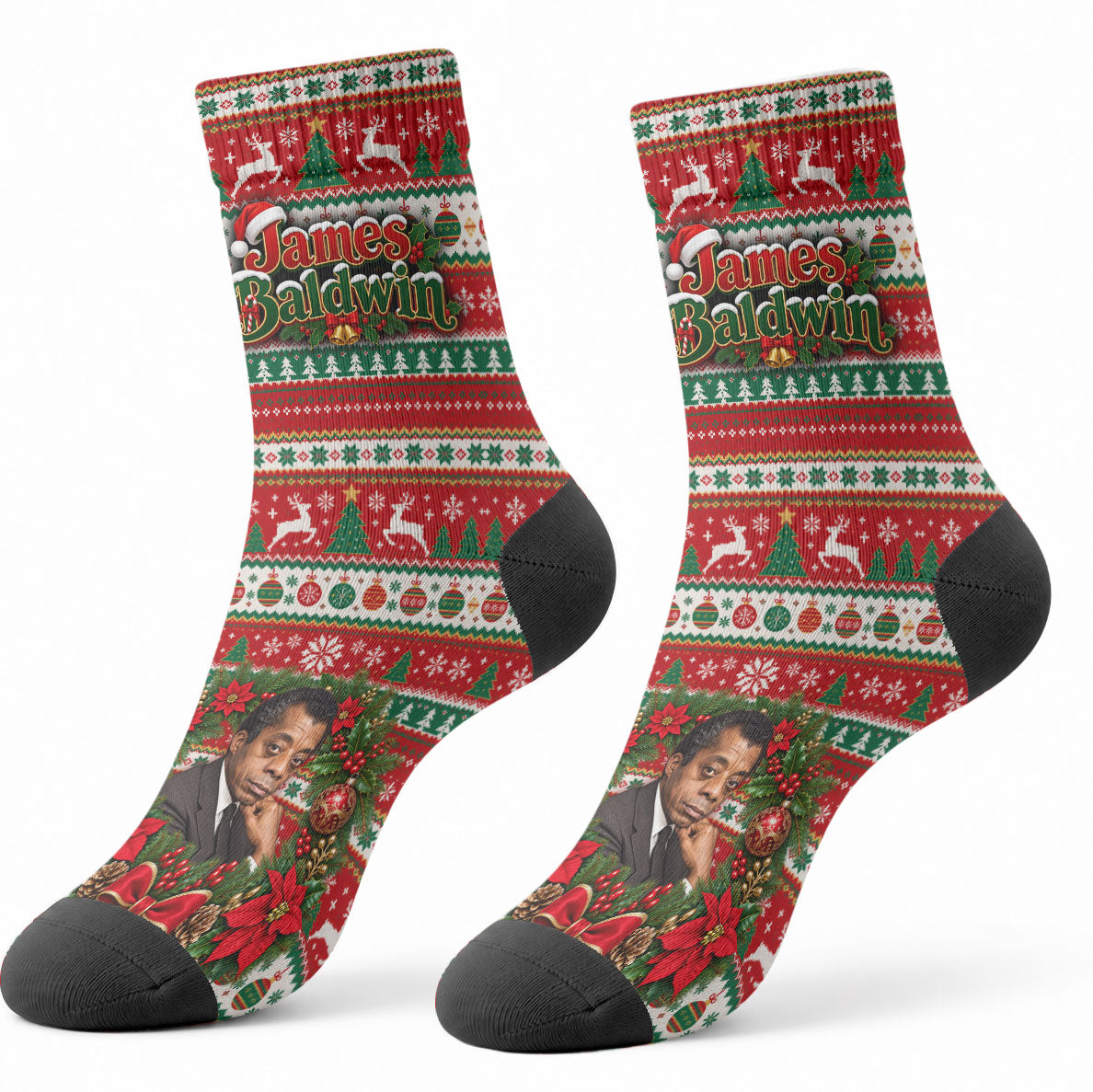 James Baldwin Christmas Crew Socks African American Author Ugly Christmas Pattern Retro
