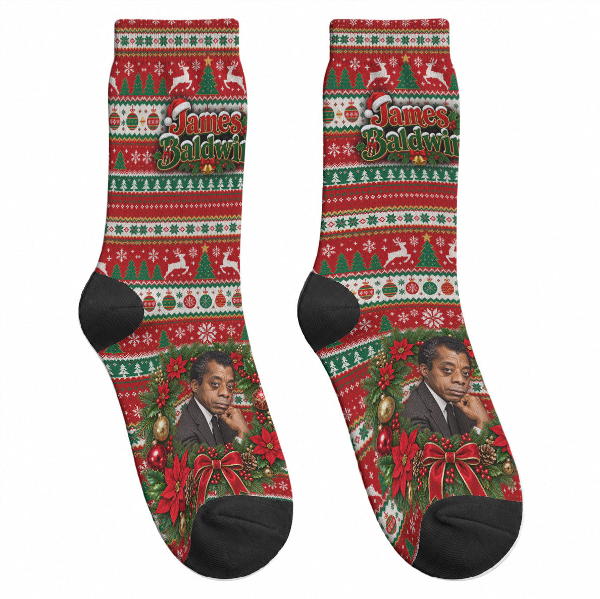 James Baldwin Christmas Crew Socks African American Author Ugly Christmas Pattern Retro
